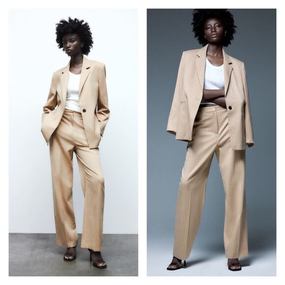 NEW ZARA Striped Oversized Menswear Inspired Blazer S Tan - Picture 1 of 7